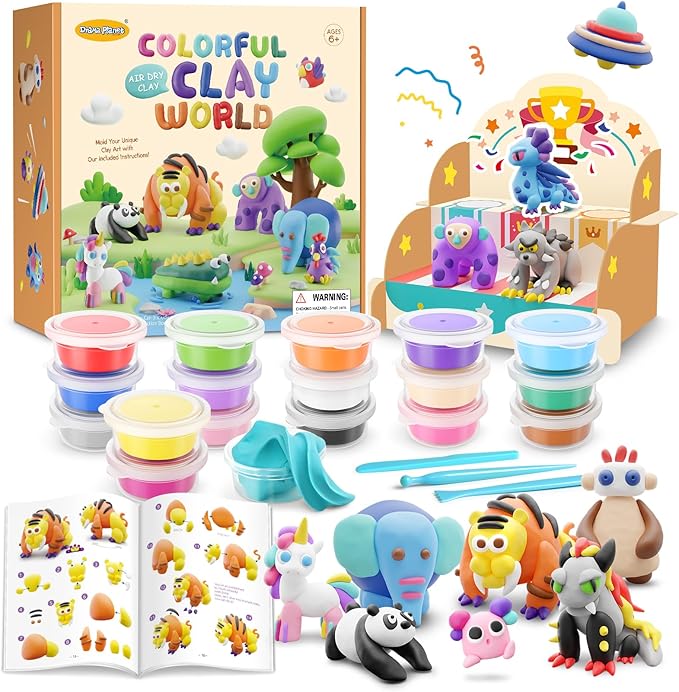 Drama Planet Air Dry Clay Kit for Kids - Comes with Instructional Guide Featuring 4 Scenes & 26 Projects Tutorials, 18 Cans of Modeling Clay, Includes Display Stand, Gift for Girls and Boys
