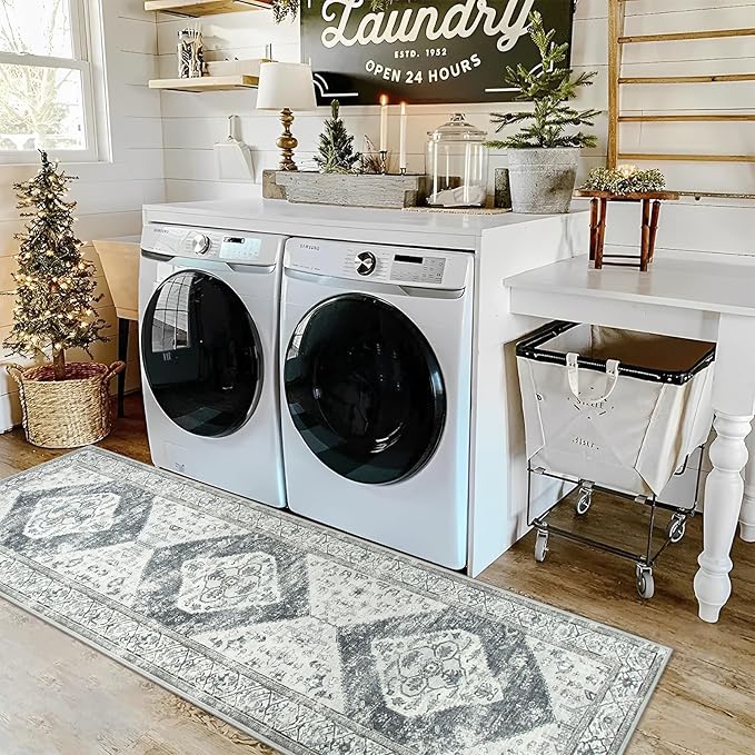 Lahome Boho Hallway Runner Rug 2x6, Washable Untra-Thin Non-Slip Kitchen Runner, Oriental Distressed Print Rug for Entryway Bathroom Laundry Room Bedroom, Grey