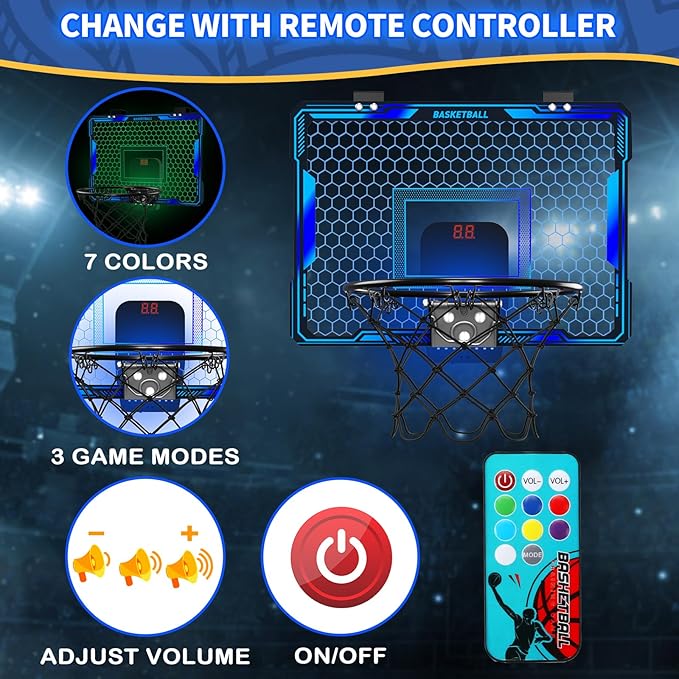 Remote Control Basketball Hoop Indoor with 7 LED Lighting, Mini Basketball Hoop with Electronic Scoreboard, 3 Modes, Over Door Basketball Hoop, Basketball Toys Sport Gifts for Kids, Adults (Blue)