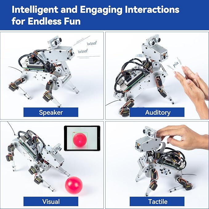 SunFounder PiDog AI Robot Dog Kit for Raspberry Pi 5/4/3B+/3B/Zero 2W, ChatGPT-4o Enabled with Voice Command & Video Recognition, App Control, FPV, 12 Servos, Gyroscope, Camera, Mic (RPI NOT Included)