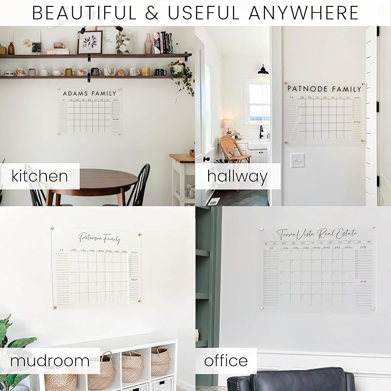 Personalized Clear Acrylic Calendar for Wall, Calendar Whiteboard for Wall, Dry Erase Wall Calendar, Wall Calendar Organizer System for Home (Cursive, Navy, 47.5"W x 36"H)