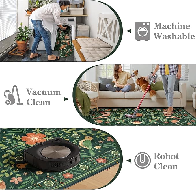 Moynesa Boho Bird Washable Rug, 3x5 Ultra-Thin Dark Green Kitchen Rugs Non-Slip, Stain Resistant, Low Pile, Indoor Small Living Room Throw Carpet for Entryway Bathroom Office Bedroom