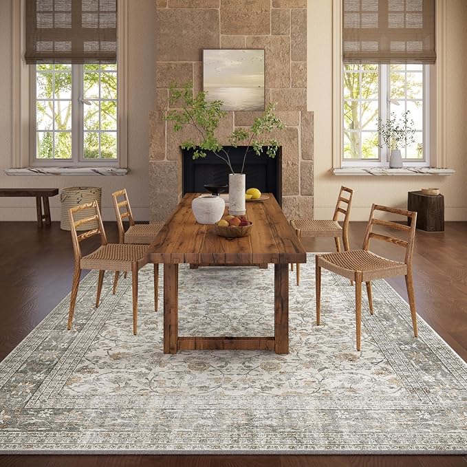 Machine Washable Rugs for Living Room: 6x9 Area Rugs for Bedroom Vintage Stain Resistant Non Slip Low Pile Soft Boho Carpet for Kitchen Dining Room Farmhouse Kids Room Nursery