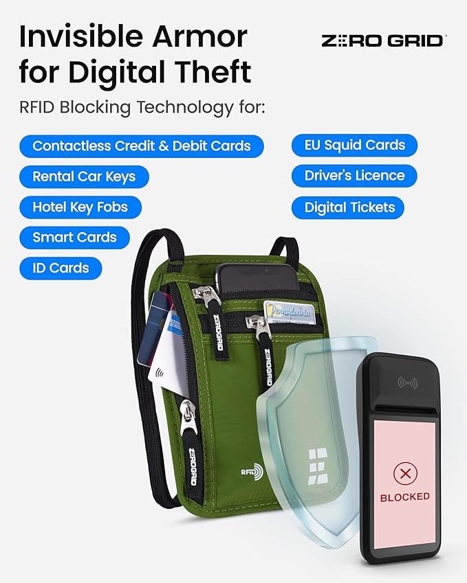 Neck Wallet for Travel & Passport Holder with RFID Blocking - Slim & Easy to Conceal Nylon Travel Pouch for men & women - Holds Phone, Cash, Cards, Keys - Sweat & Water Resistant - Large - Forest