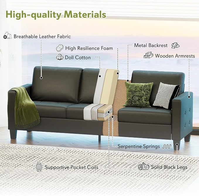 STHOUYN Black Faux Leather 3 Seater Sofa and Loveseat, Modern Comfy Office - Image 4