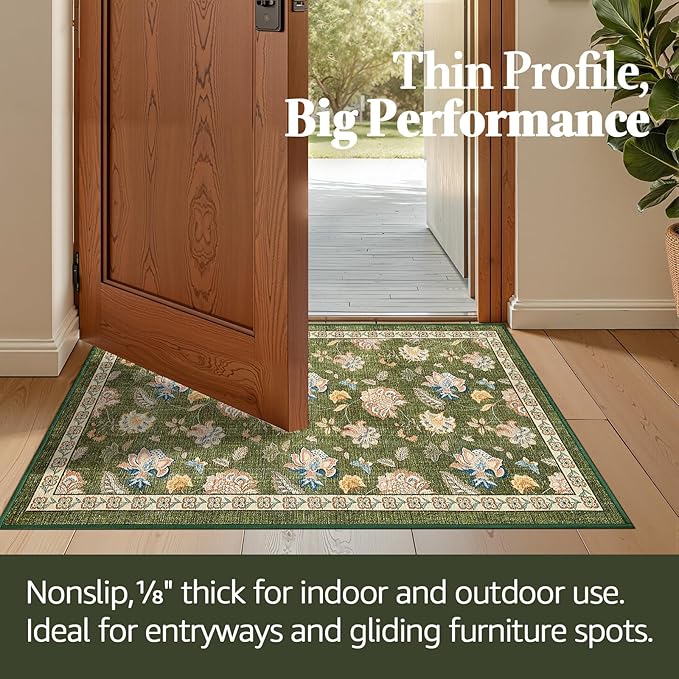 jinchan 3x5 Floral Rug for Entryway Washable Kitchen Rug Vintage Romance Design Small Mat Non Slip Indoor Doormat Lightweight Low-Profile Throw Carpet for Entrance Bathroom Laundry Room, Green