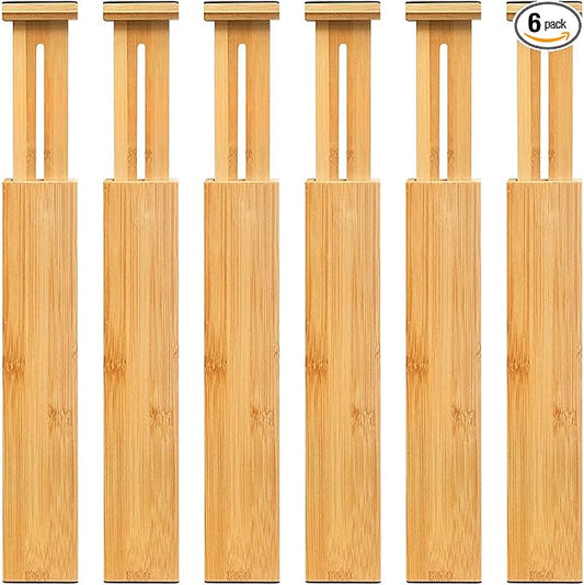 VaeFae Adjustable Bamboo Drawer Dividers, Expandable Drawer Organizer for Kitchen, Bedroom, Bathroom, Dresser and Office, 6-Pack