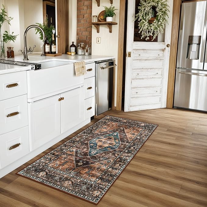 Lahome 2x4 Washable Entryway Runner Rug - Non-Slip Ultra-Thin Stain Resistant Kitchen Rugs, Oriental Print Carpet Runner for Hallway Bedroom Laundry Room