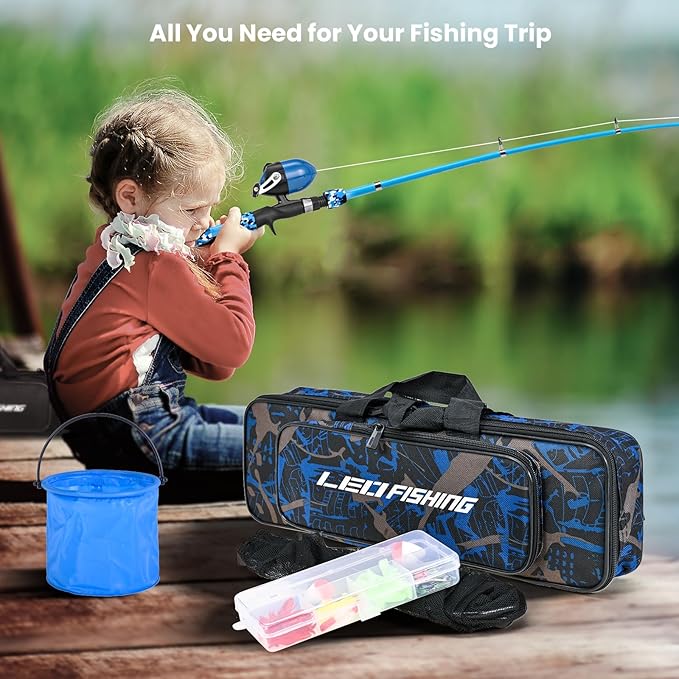 LEOFISHING 2 Set Kids Fishing Pole Set with Full Starter Kits Portable Telescopic Fishing Rod and Reel Cambos with All The Necessary Fishing Kits for Boys Girls and Youth