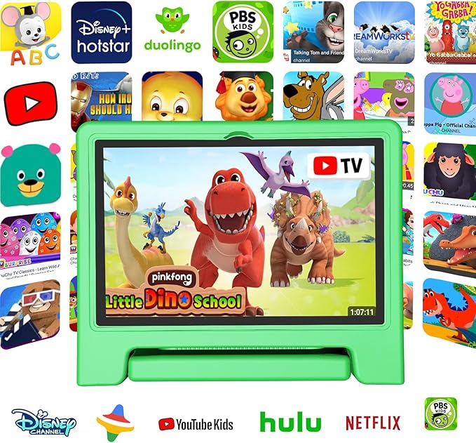 Tablet for Kids Age 3-12 10.1 inch Android 14 6000mAh 8GB RAM+64GB ROM Expandable to 1TB Kids Tablets WiFi6 Google Kids Space Parental Control 1280 * 800 HD Screen - Green