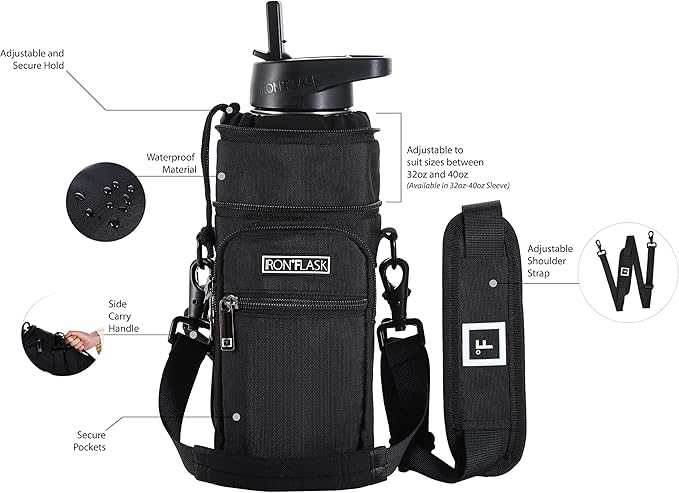 IRON °FLASK Carrier, Holder, Sleeve - Fits Insulated Stainless Steel Sports Water Bottle, Adjustable Shoulder Strap, Holder Bag Case Pouch Cover