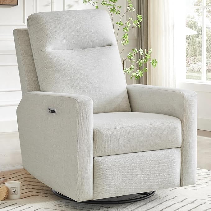 Power Swivel Recliner Chair – Nursery Glider Rocker with USB & Type-C, High Back Reclining Chair for Breastfeeding & Baby Room, Linen Fabric, Beige Grey
