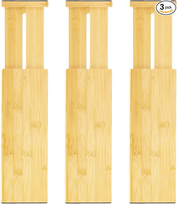 VaeFae 3 Pack Bamboo Drawer Dividers, 4" High Adjustable 11.9-17.1" Clothes Drawer Organizers, Expandable Separators for Bedroom/Bathroom/Kitchen/Office Storage
