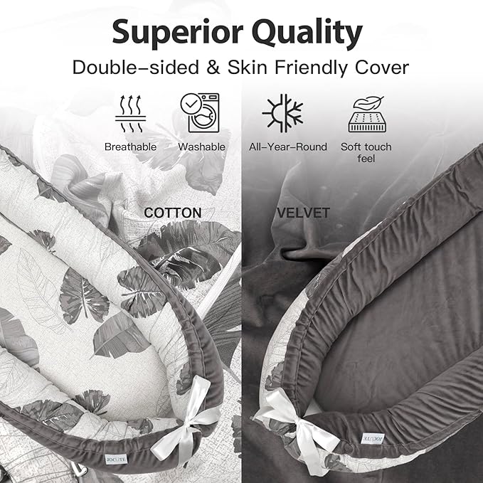 Baby Lounger | Organic Cotton Infant Lounger | Reversible, Adjustable & Portable Floor Lounger | Soft, Breathable, Washable Cover-Grey Leaves