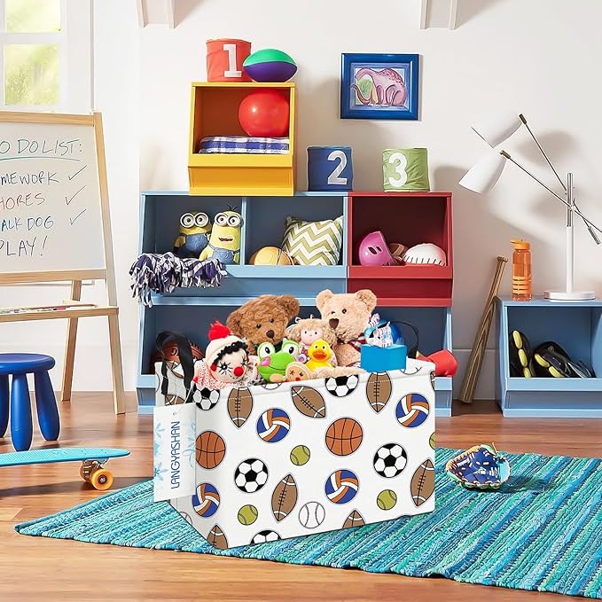 LANGYASHAN Rectangular Storage Bin Collapse Canvas Fabric Cartoon Storage Basket with Handles for Organizing Home Kitchen Boys and Girls Toys Office Closet Shelf Baskets (Rec Colorful Balls)
