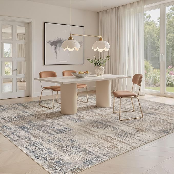 Area Rug for Living Room: 10x14 Washable Neutral Abstract Modern Soft Rugs Non Slip Indoor Floor Stain Resistant Large Carpet for Bedroom Dining Room Office Nursery - Brown