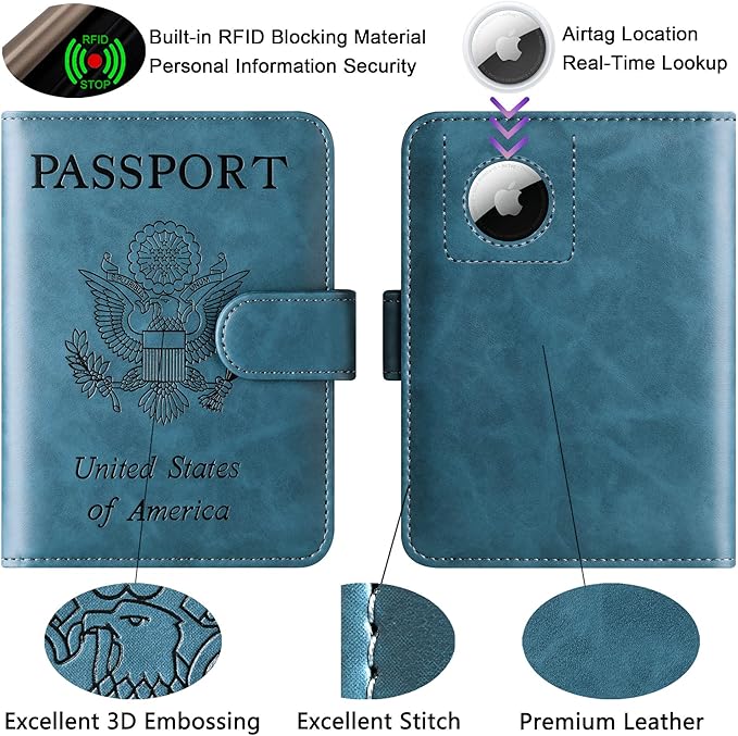 Airtag Passport Holder Cover Wallet Travel Essentials Leather Rfid Blocking Case Vacation Luggage Must Haves Travel Accessories for Men Women (117#Blue)