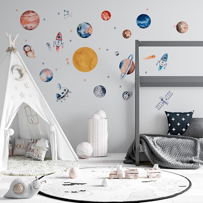 Solar System Wall Decals for Kids - Planets and Space Themed Wall Stickers by Lipastick - Peel and Stick Vinyl Decals for Boys and Girls Bedroom, Nursery, Playroom - Wall Stickers for Girls Room