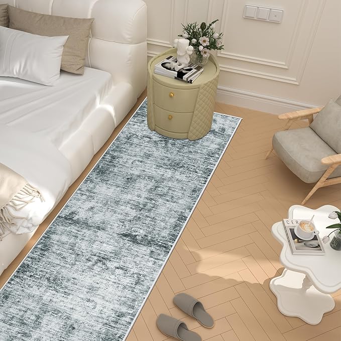 Runner Rug 2'6''x8' Washable: Modern Abstract Kitchen Rug With Non-Slip Backing, Thin Long Carpet for Hallway, Bedroom, Laundry Room-Black