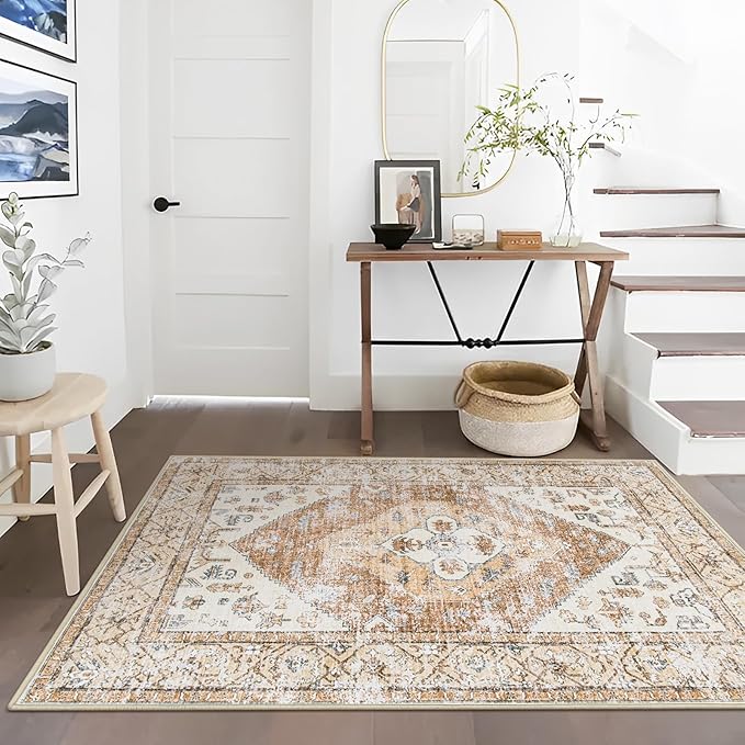 Lahome Boho Area Rug for Living Room - 4x6 Rug Washable Non-Slip Throw Bedroom Rug Lightweight Non-Shedding Large Kitchen Carpet, Oriental Distressed Print Carpet for Office Classroom Dining Room