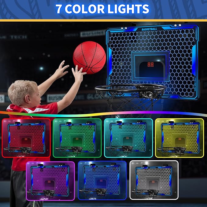 Basketball Hoop Indoor, Mini Basket Ball Hoop with 7 LED Lighting, Scoreboard, Over Door Basketball Hoop with 3 Modes, Volume Adjustable, Foldable, Basketball Toys Gifts for Kids Adults (Blue)