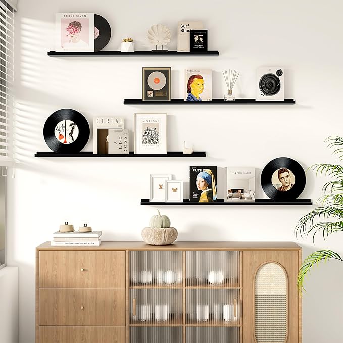 Picture Ledge Shelf for Wall, Floating Shelves Set of 4, 48 Inch Long Nursery Book Shelves for Toys Storage, Kids Bookshelf Wall Mounted for Books Photo Frames, Black