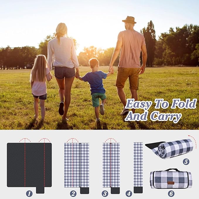 HX&OD Outdoor Picnic Blanket, Extra Large, 80''x80'' Waterproof Foldable Blankets Gingham Picnic Mat for Beach, Camping Grass Lawn Park Accessories Cute Couple Ideas Wedding (Gray, 80”x80”)