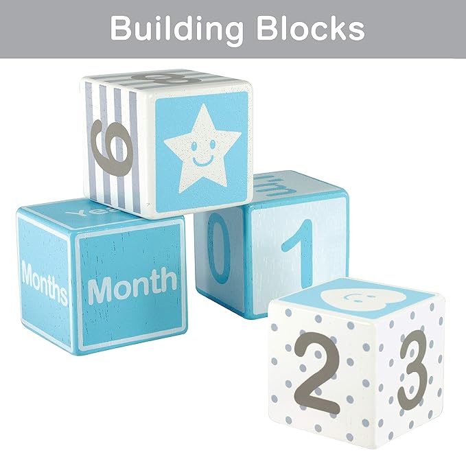 I'm Solid Wood Monthly Weekly Yearly Milestone Age Blocks, Newborn Gifts & Keepsakes for Picture Props (4 Pcs/Blue)
