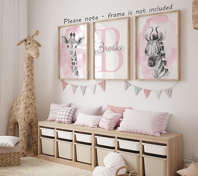 Safari Animals Set of 3 Unframed Poster Prints for Baby Girls Nursery Bedroom Playroom, Personalized Name, Choice of 12 Animals, Pink Purple (8x10)