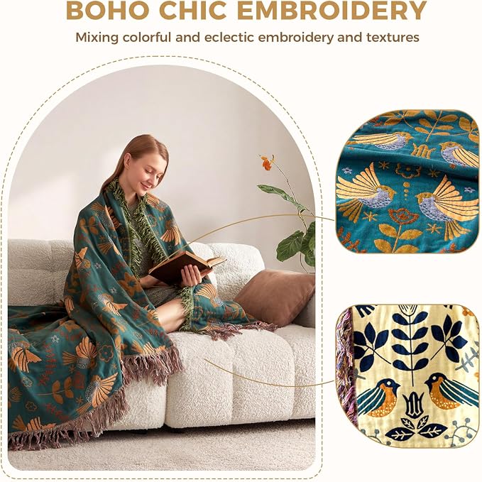 LUTBM Boho Throw Blanket for Bed 100% Cotton Soft Quilt Summer Lightweight - Image 3