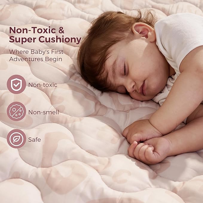 Momcozy Baby Play Mat for Floor, 50x50 Thickened Playpen Mat, Playmate for Baby Tummy Time, Waterproof & Non-Slip, Foldable Outdoor Mat with Carrying Handle, Leopard Heart