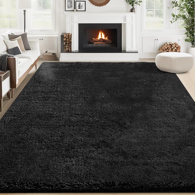 6x9 Area Rug for Living Room: Fluffy Shag Soft Washable Rugs Large Fuzzy Plush Indoor Carpet for Bedroom Nursery Playroom Kids Girls Boys Room (Black, 6'x9')