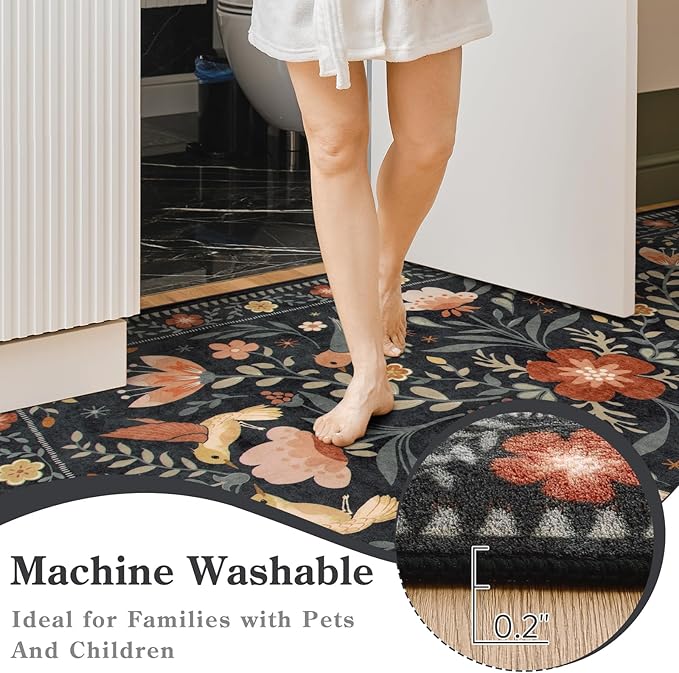 Moynesa Boho Bird 3x5 Rug, Ultra Thin Washable Kitchen Rugs Anti Skid Rubber Backing, Low Pile, Soft, Indoor Large Black Throw Carpet for Entryway Office Bedroom Bathroom Living Room
