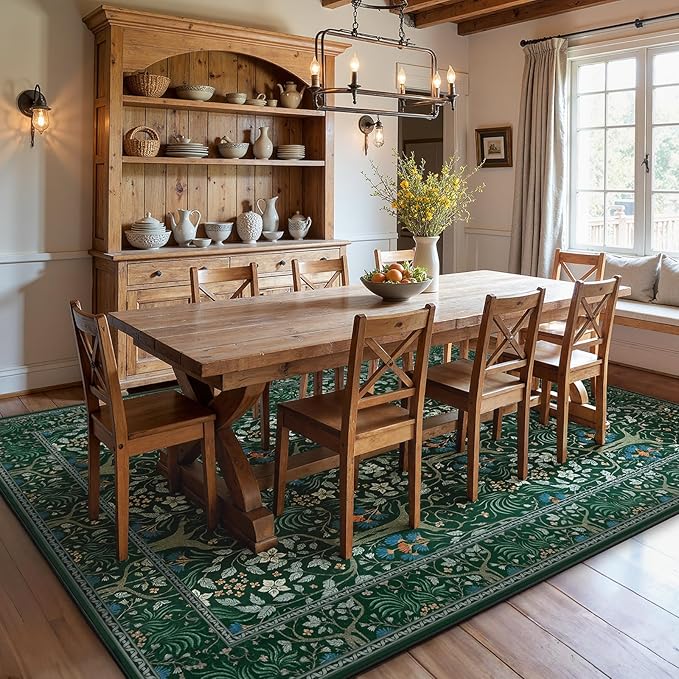 Joydeco Boho Floral 8x10 Area Rugs for Living Room, Washable Dark Green Rug Non Slip, Soft Large Low-Pile Botanical Forest Indoor Floor Throw Carpet for Bedroom Nursery Dining Office