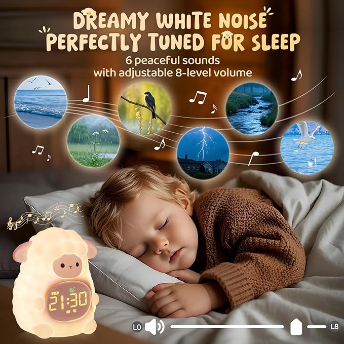 Sheep Alarm Clock with Night Light for Kids with Sleep Training and Sound Machine, Rechargeable Silicone Lamp OK to Wake Clock，Cute Animal Tabletop Lamp, Perfect Sleep Companion for Boys Girls, Pink