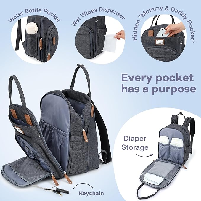 RUVALINO Diaper Bag Backpack-Expandable Baby Bag with up to 50% Capacity -Baby Essentials Bag with Changing Pad Insulated Bottle Holders & Pacifier Case, Waterproof, Dark Gray XL