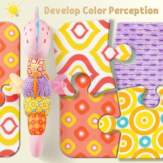 LIGHTDESIRE Baby Toys Musical Seahorse,Infant Stuffed Animal Toys with Crinkle and Rattles,Soft Sensory Toys with Textures for Tummy Time Newborn Boys Girls 0 3 6 12 Months(Pink)