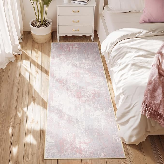 Washable Area Rugs 2'x6' Non-Slip Modern Abstract Soft for Living Room Entryway Bedroom Nursery, Print Pattern, Grey Pink