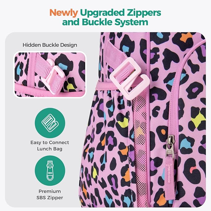 Choco Mocha Cheetah Backpack for Girls, Elementary School Backpack for Girls Ages 6-8 Kids Kindergarten Backpack Bookbag 17 Inch with Chest Strap, Pink Purple