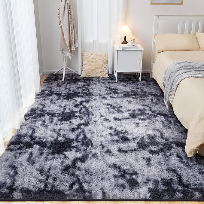 Fluffy Shag Area Rug, 4x6 Tie-Dyed Dark Grey Rugs for Bedroom, Soft Plush Area Rugs for Living Room, Non-Slip Indoor Carpet for Nursery, Study Room, Dressing Room, Home Decor