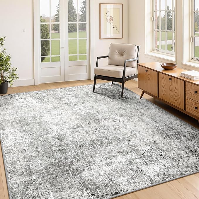 Washable Area Rugs 4'x6' Non-Slip Modern Abstract Soft for Living Room Entryway Bedroom Nursery, Print Pattern, Gray White Grey