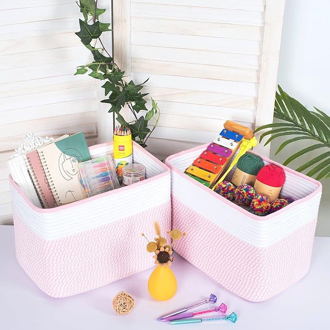 MINTWOOD Design 3-Pack Storage Baskets for Shelves, Decorative Baskets for Organizing, Woven Baskets for Storage, Book Basket, Cube Organizer, Cube Storage Bin Box, Closet Organizers, Light Pink
