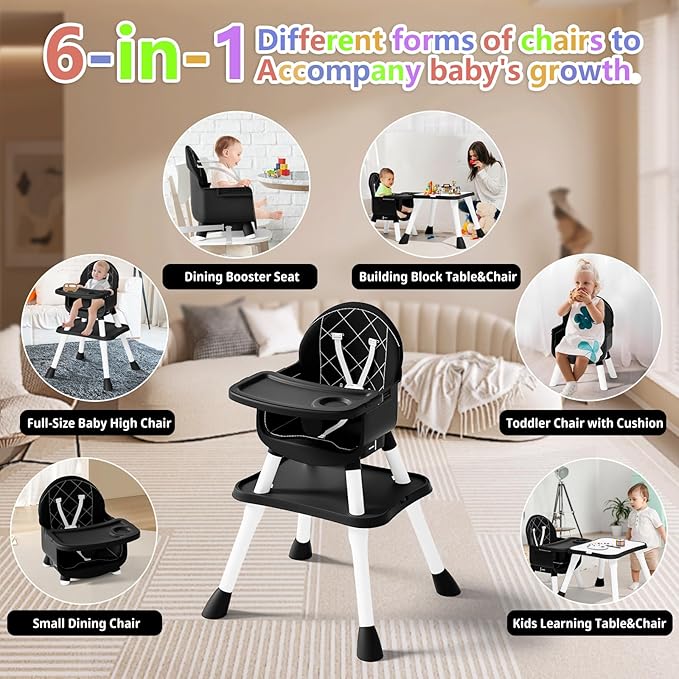 6 in 1 Baby High Chair for Babies and Toddlers, Booster Seat, Kids Learning Table & Chair (Black)