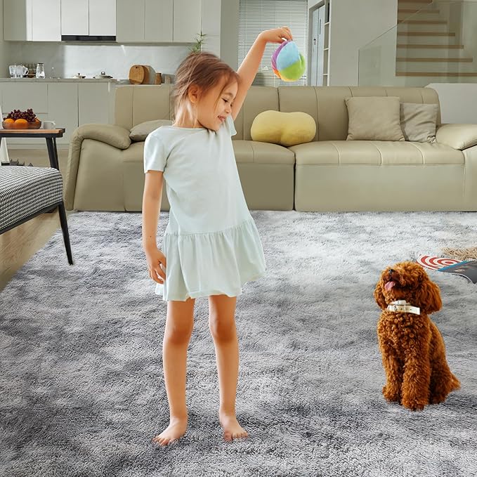 Ultra Soft Rug for Living Room, 8X10 Tie-Dyed Light Grey Fluffy Shag Area Rug for Bedroom, Modern Shaggy Carpets Fuzzy Rug for Teens Dorm Nursery Home Decor Aesthetic, Upgrade Anti-Skid Durable