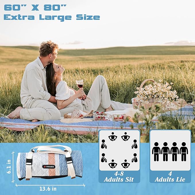 Waterproof Picnic Mat, Outdoor Camping Oversized Field Blanket. Portable Thickened Camping Blanket, Suitable for Beach, Camping, Music Festival, Party, Outdoor Adventure. (Yellow&Blue&White, 80”x60”)