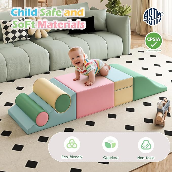 Soft Climbing Toys for Toddlers, Soft Foam Climbing Blocks, PU Leather Gym Climb & Crawl Soft Activity Playset, Indoor Climbing Toys Equipment for Kids and Children, Classic Grey, Macaron