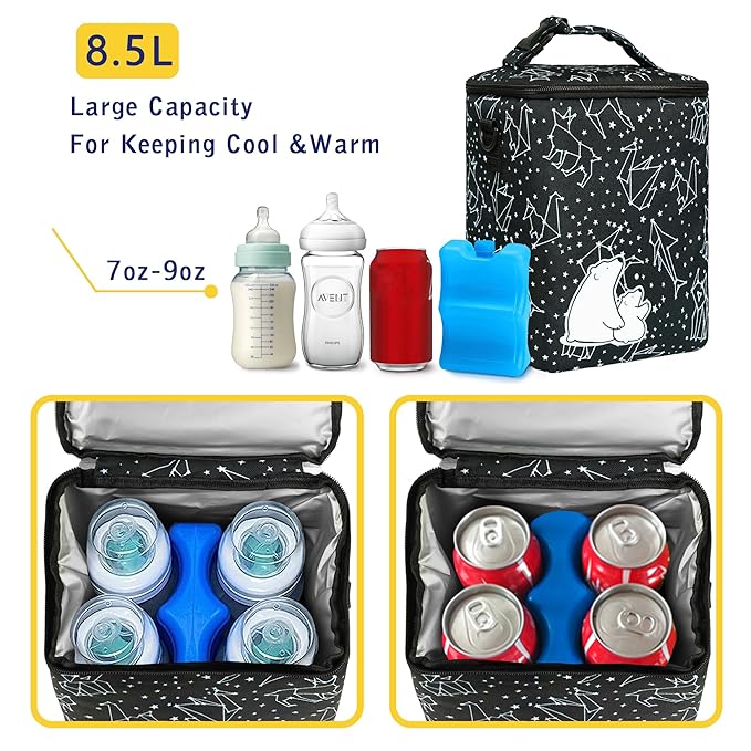 Breastmilk Cooler Bag with Ice Pack Fits 4 Baby Bottles Up to 9 Ounce Insulated Baby Bottle Bag Breast Milk Cooler on The Go with Strap Baby Bottle Cooler Bag for Nursing Mom Daycare or Travel