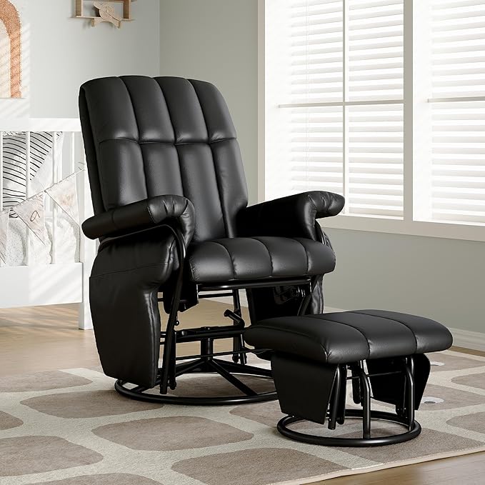 AODAILIHB Swivel Glider Recliner with Ottoman, 360 Rocking Chair with Foot Rest Recliner Chair Indoor Rocking Chair with Side Pockets Nursery Chairs for Living Room, Bedroom, Office (Black)