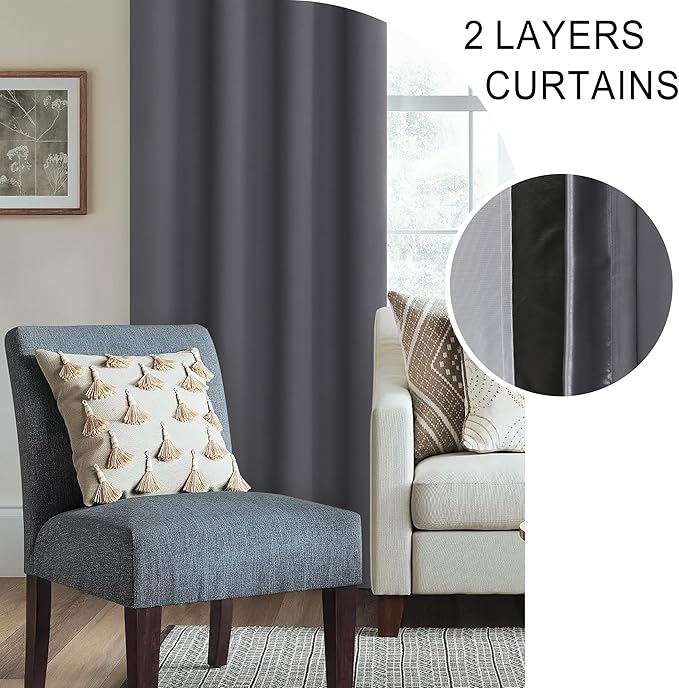XWZO Full Blackout Curtains 63 Inches Long with Tiebacks- Heat and Light Blocking Rod Pocket Window Drapes with Black Liner Backing for Bedroom/Kid's Room, Dark Grey, W42 x L63, Set of 2 Panels