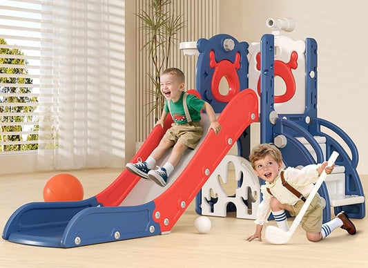 XJD 7 in 1 Toddler Slide, Kids Indoor Slide for Toddlers 12-36 Months, New Upgrade with Golf, Basketball Hoop for Indoor Outdoor Playset,Toddler Playground (Blue Red)